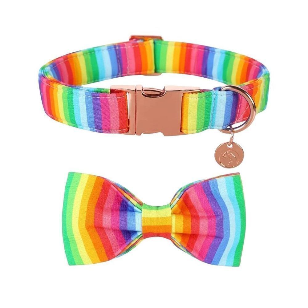 Collar Bowtie Set Bright Rainbow Colors Dog Rose Gold Metal D Ring XL  NEW